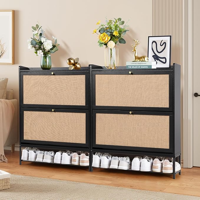LEVNARY Shoe Storage Cabinet with 2 Flip Drawers, Wooden Narrow Shoe Cabinet Storage for Entryway, Freestanding Shoe Rack Organizer Cabinet with Metal Legs for Hallway (1, Black)-NeatNest