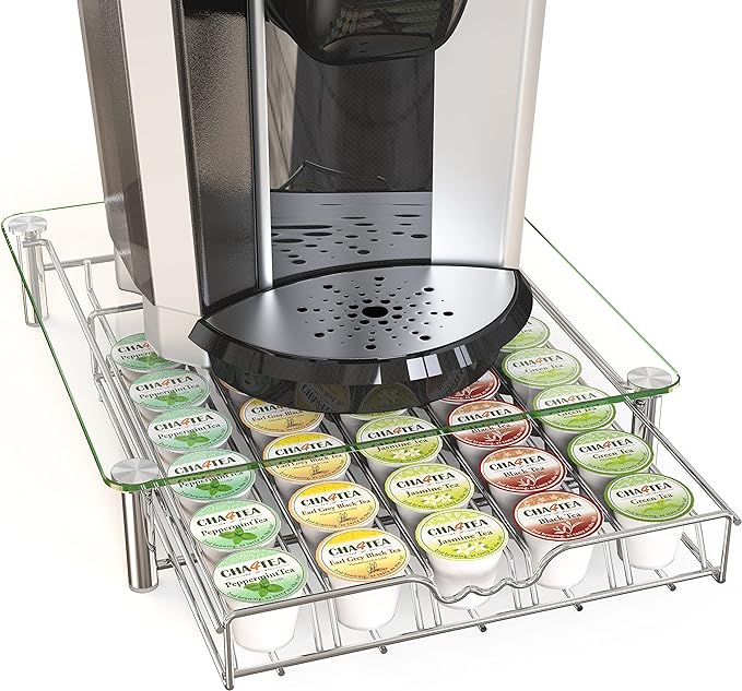 Deco Brothers Crystal Tempered Glass K-Cup Holder Drawer for 30 Coffee Pods Storage, Chrome-NeatNest