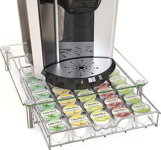 Deco Brothers Crystal Tempered Glass K-Cup Holder Drawer for 30 Coffee Pods Storage, Chrome-NeatNest