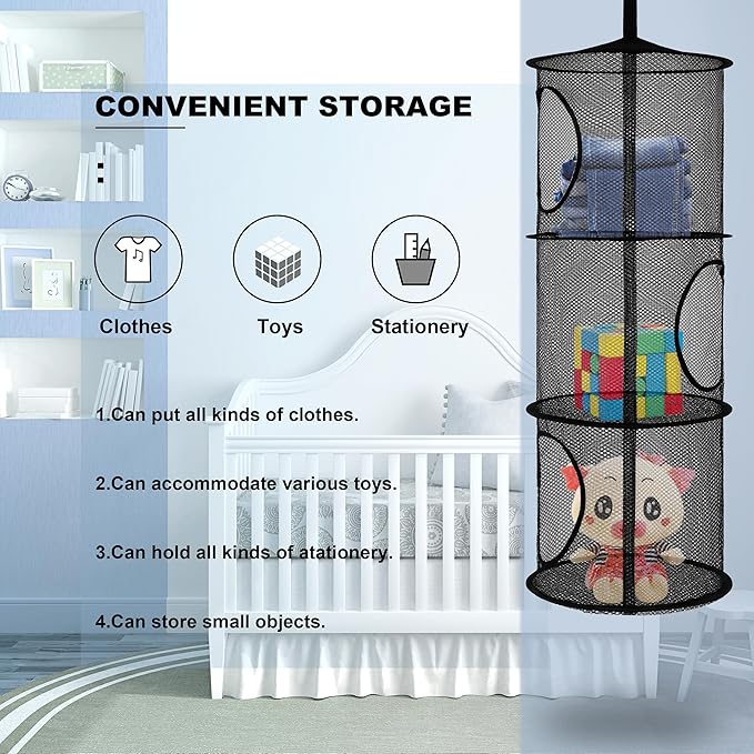 2Pcs Stuffed Animal Storage Foldable Stuffed Animal Net or Hammock Organizer, 3 Compartments Hanging Mesh Toy Storage Hammock for Kid Room Toys, Gloves, Hats, Socks(Black)-NeatNest
