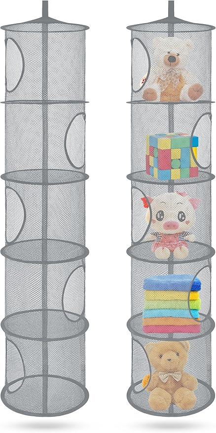 2Pcs Hanging Mesh Space Saver Bags Organizer, Foldable Storage Organizer 5 Compartments Toy Storage Organizer for Kid Room Toys, Gloves,Hats,Socks Storage #Grey-NeatNest