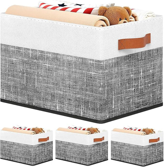 Fab totes Collapsible Storage Baskets for Shelves,14"x10", 4 Pack Foldable Fabric Storage Bins with Double Leather Handles, Large Baskets for Organizing Books, Clothes, White & Black
