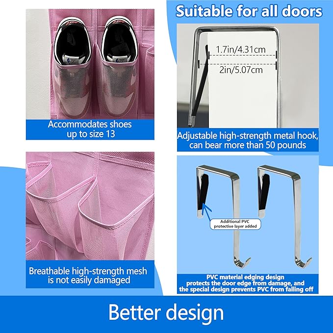 over the door shoe organizer,2025 upgraded,35 Huge pockets,over door shoe organizer,Store size 13 shoes,shoe organizer,Strong material,hooks Suitable for various doors,pink shoe rack-NeatNest