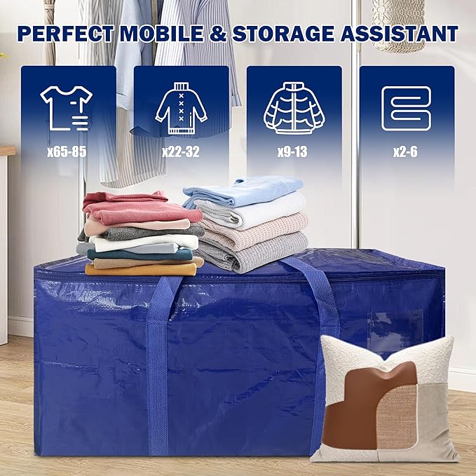 12 Pack Extra Heavy Duty Large Moving Bags with Strong Zipper & Carrying Handles, Sturdy Clothes Storage Bag Totes Bins, Packing Bags Moving Boxes College Moving Supplies, Dark Blue - 33 gal-NeatNest