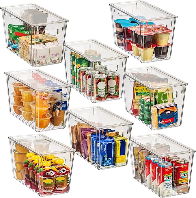ClearSpace Modern Plastic Storage Bins with Lids Perfect Kitchen Organization or Pantry Fridge Organizer, 8 Pack, Transparent, Rectangular, 12.5" x 6" x 7", 9L Capacity, 8 Compartments-NeatNest