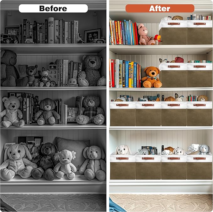 11in Open Fabric Storage Basket with Leather Handles for Organizing, Collapsible Linen Closet Bins for Shelves, Closets, Laundry, Decorative Basket for Gifts. (White＆Brown, 3PCS/11x11in)-NeatNest