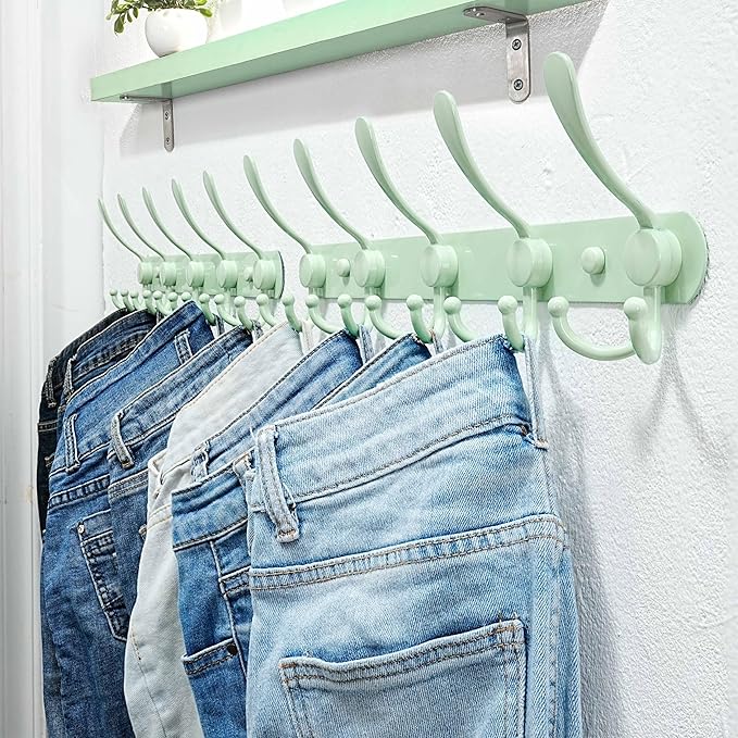 Dseap Coat Rack Wall Mounted - 5 Tri Hooks, Heavy Duty, Stainless Steel, Metal Coat Hook Rail for Coat Hat Towel Purse Robes Mudroom Bathroom Entryway, Green-NeatNest