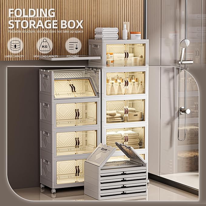 332 QT / 83 Gal White Storage Bins with 1 Lid - Collapsible Stackable Cabinet Organizer w/Wheels & Magnetic Doors, Plastic Storage Box for Office Closet Organization-NeatNest