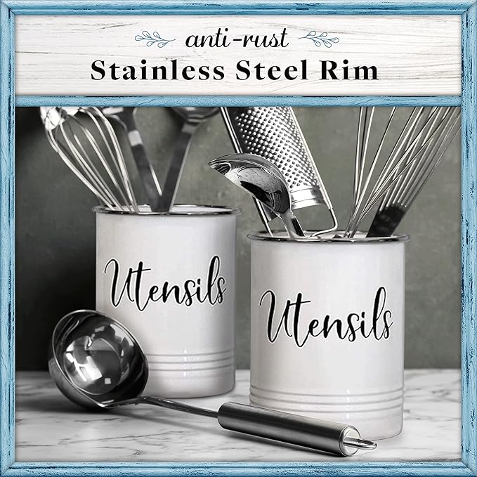 Home Acre Designs Vintage Farmhouse Utensil Holder - Stylish Countertop Organizer and Kitchen Decor Caddy - Stainless Steel Rim - White-NeatNest