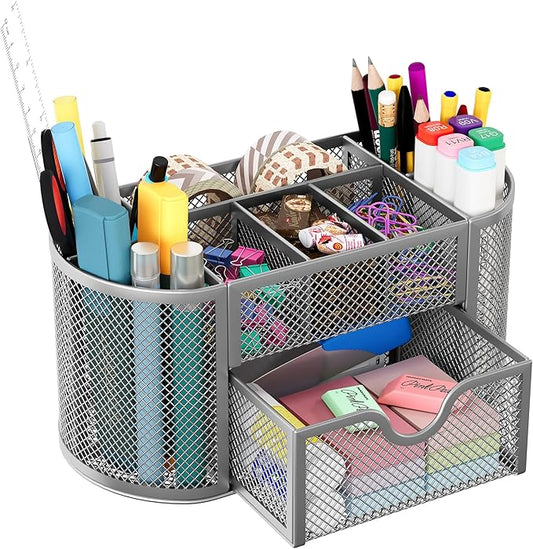 EasyPAG Mesh Desk Organizer, Multi-functional Stationery Organizer for School Supplies, Office Pen Holder for Desk, 9 Compartments Dorm Organization with Drawer, Silver