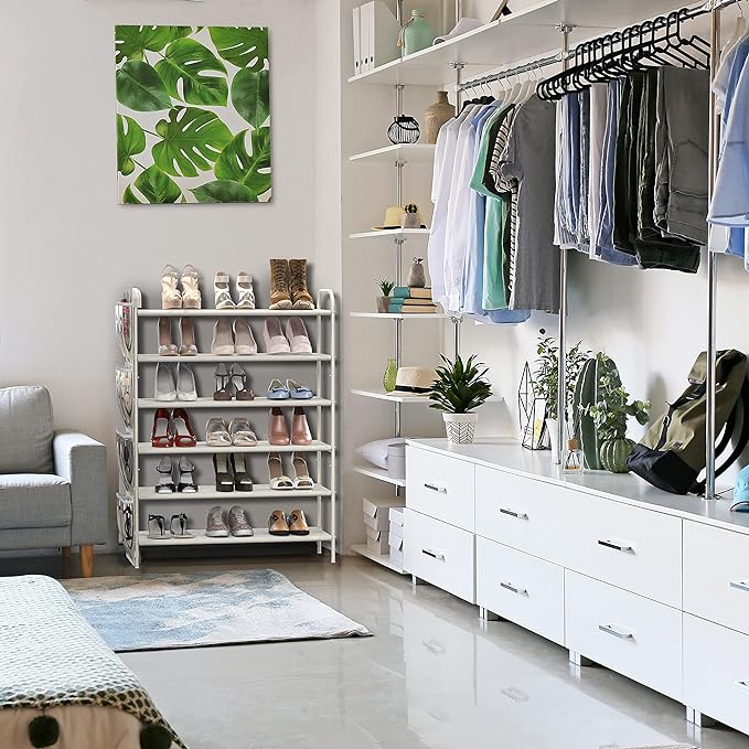 Simple Houseware 6-Tier Shoe Rack Storage Organizer w/Side Hanging Bag, White-NeatNest