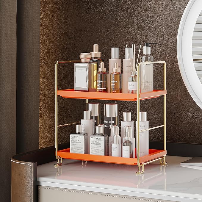 FSyueyun 2-Tier Bathroom Countertop Organizer,Bathroom Organizers and Storage with Tool-Less Installation, Premium Plastics for Makeup, Perfume, Skincare on Dresser Vanity Tray(Gold & Orange)-NeatNest