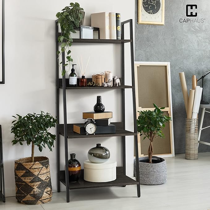 CAPHAUS 4 Tier Ladder Bookshelf, 24 Inch Width Free Standing Shelf, Bookcase Shelf Storage Rack Organizer, Industrial Book Shelves for Home Office, Living Room, Kitchen, Black Wooden Shelves-NeatNest