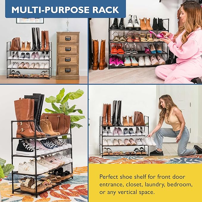 Sundaze Shoe Rack - 4 Tier Shoe Rack for Front Door Entrance, Sturdy Long Shoe Organizer for Closet, Bedroom, Entryway, Garage, Non Woven Fabric Shelf, Black, Holds Up to 20 Pairs-NeatNest