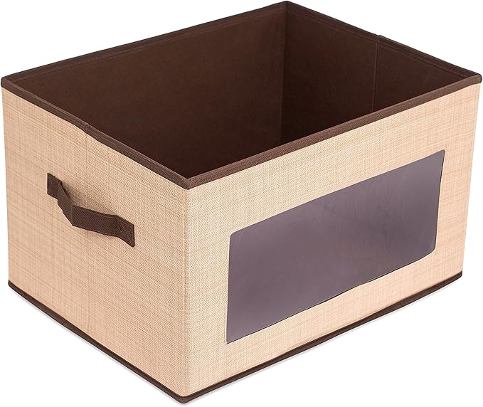 Internet's Best Storage Box with Window - Durable Storage Bin Basket Containers with Lids and Handles - Clothes Nursery Toys Organizer - Brown (Beige)-NeatNest