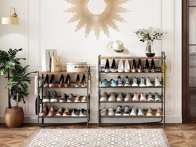 4 Tier Shoe Rack for Entryway, Metal Shoe Rack Organizer Holds 15 Pairs Shoes, Front Door Shoe Storage with Rustic Brown Wooden Top, Vertical shoe rack for Space Saving Shoe Organizer (4-Tiers)-NeatNest