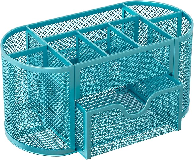 EasyPAG Mesh Desk Organizer, Multi-functional Stationery Organizer for School Supplies, Office Pen Holder for Desk, 9 Compartments Dorm Organization with Drawer, Blue