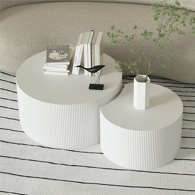 KEVINSPACE Coffee Table Set of 2 Modern, Living Room Nesting Table Round 2-Piece, No Assembly Required Wooden Circle End Table Set Accent Furniture for Bedroom Balcony Library,White