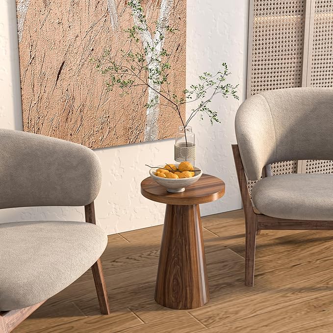 Round Fluted Accent End Table, Pedestal Side Small for Living Room, Mid Century Modern Night Stand, Wood Nightstands for Bedroom (Big Walnut)