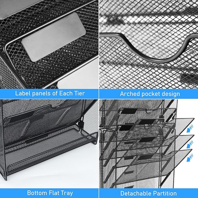 Wall File Organizer, 10 Pockets Mesh Hanging File Organizer, Wall Mount File Paper Folder Holder With Hooks, Wall Organizer Magazine Document Mail for Office School, Black