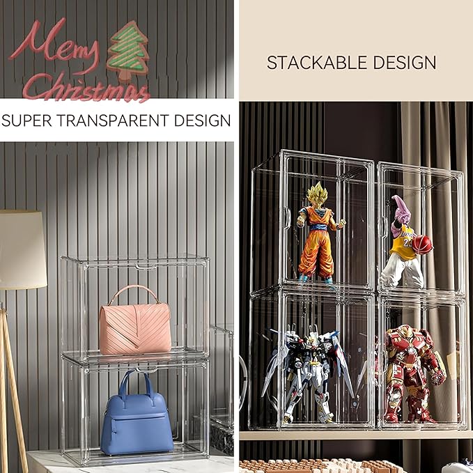 Clear Stackable Plastic Storage Bins with Lid, Dustproof Book Cosmetic Acrylic Display Cases with Magnetic Door, Large Figures Collectibles Showcase-NeatNest