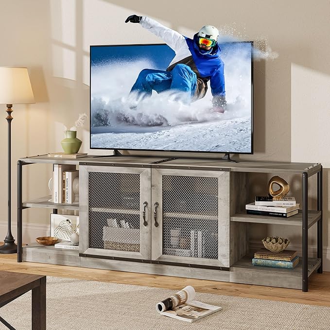 CABIHOME Farmhouse TV Stand for 75/80 inches TVs, Entertainment Center with Storage Cabinet and Mesh Doors, Industrial Media Console Cabinet Table, Living Room Media Furniture, Light Grey-NeatNest
