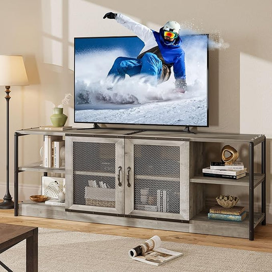 CABIHOME Farmhouse TV Stand for 75/80 inches TVs, Entertainment Center with Storage Cabinet and Mesh Doors, Industrial Media Console Cabinet Table, Living Room Media Furniture, Light Grey-NeatNest