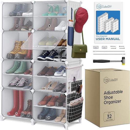 Shoe Organizer Cabinet Up to 32 Pairs, Shoe Closet-Portable Closed Shoe Rack with See-Through Door (Clear, Plastic, Stackable) Cubby Shoes Organizer with Covers, Hooks & Pockets, White-NeatNest