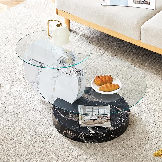 Glass Coffee Tables Round Coffee Tables for Living Room Modern 3 Tier Round Table Circle Coffee Table for Small Space Home Office (35.4 Inch White+Black)