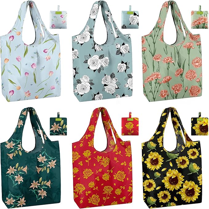 BeeGreen Reusable Grocery Bags 6 Pack, Heavy Duty Totes for Women, Foldable Grocery Bag Large Shopping Totes with Handles for Work, Travel, Gift, Store, Polyester Washable Reusable Tote Bag-NeatNest