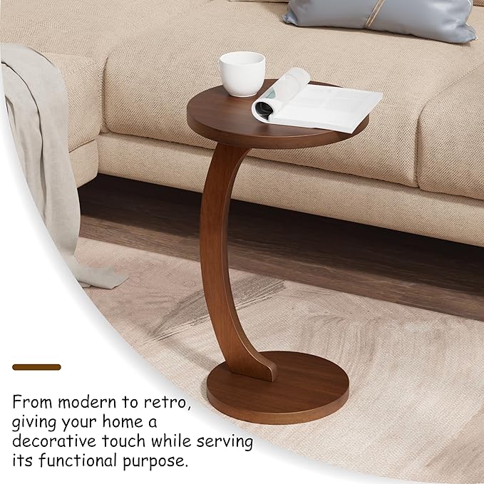C Shaped Round End Table for Couch Small Place, Space Saver Side Table for Sofa, Living Room, Bedside Area, Coffee and Eating Snack Tray, Walnut Color-NeatNest