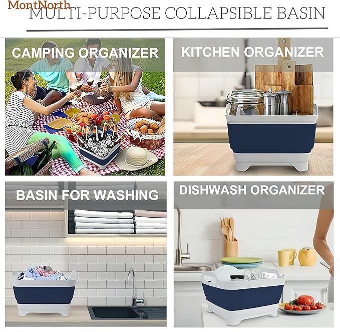 Collapsible Wash Basin 9L, Foldable Dish Tub with Drain Plug, Portable Collapsible Dish Basin, Camping Sink for Washing Dishes, Laundry & Kitchen Use (Navy Blue)-NeatNest