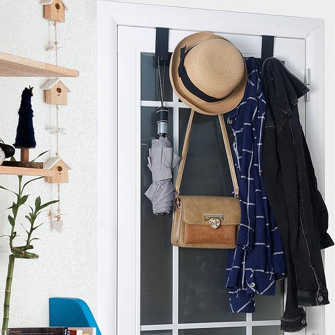 WEBI Over The Door Hooks,Over The Door Towel Rack with 6 Peg Hooks for Hanging,Over Door Hanger Coat Rack for Behind Back of Bathroom,Black,2 Packs