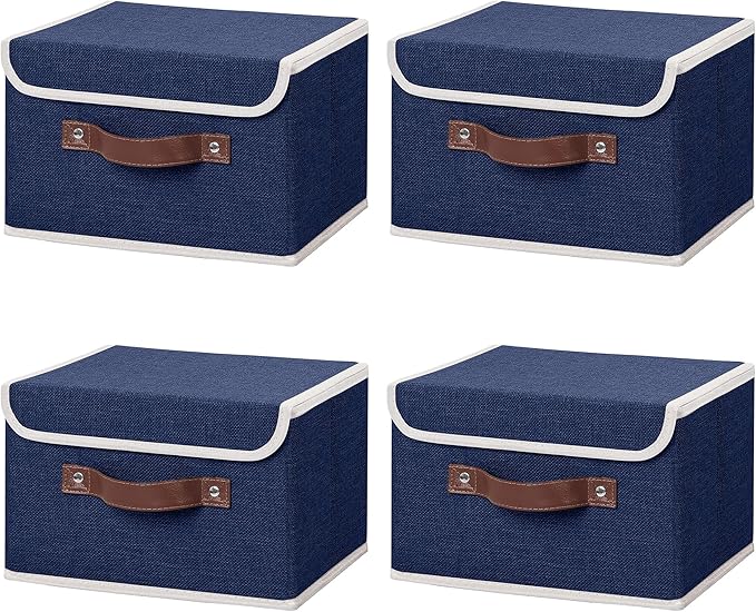 ANMINY 4PCS Storage Bins with Lid PU Leather Handles Storage Boxes PP Plastic Board Decorative Foldable Lidded Cotton Linen Fabric Home Cubes Baskets Closet Organizer Containers - Blue, Small Size-NeatNest