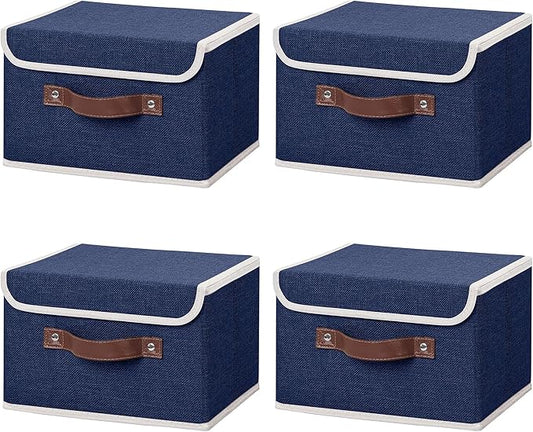 ANMINY 4PCS Storage Bins with Lid PU Leather Handles Storage Boxes PP Plastic Board Decorative Foldable Lidded Cotton Linen Fabric Home Cubes Baskets Closet Organizer Containers - Blue, Small Size-NeatNest