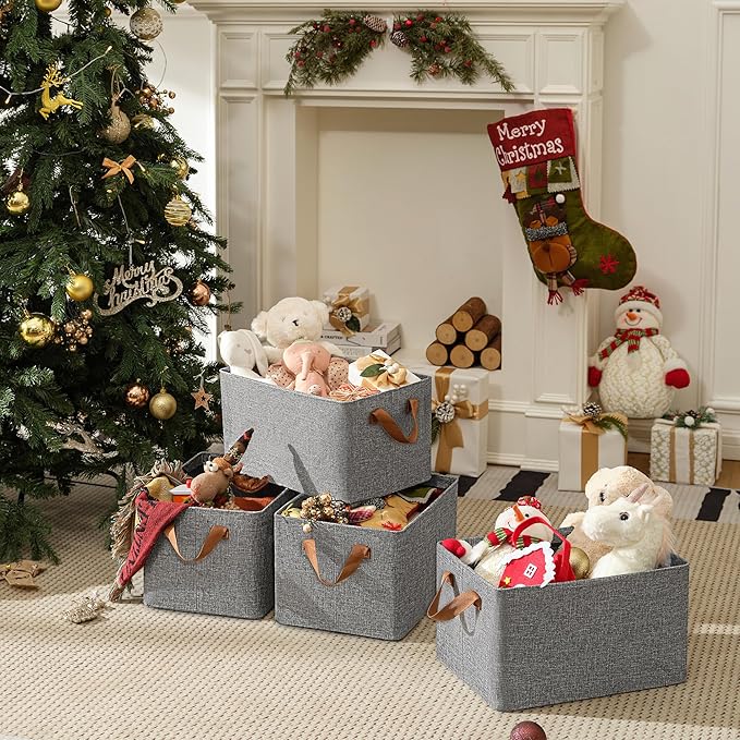GRANNY SAYS Closet Storage Baskets, Collapsible Fabric Storage Bins with Metal Frame, Clothes Organizer Bins, Large Baskets for Shelves, Gray, 4-Pack-NeatNest
