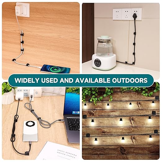 63pcs Black Cable Management,Adhesive Cable Clips,Cord Organizer ID 0.49"x 0.31",Cord Clips for Wires on Wall,Under Desk,Nightstand,PC,TV,Outdoor Lights Strip,Plant Clips for Climbing Plants-NeatNest