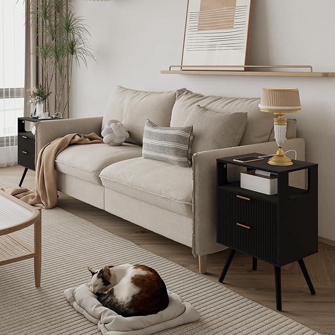 Black Nightstand with Charging Station and LED Lights,Modern Bedside Table with 2 Storage Drawer and Open Wood Shelf, for Bedroom and Small Spaces,Night Stand with Solid Wood Legs,Black-NeatNest