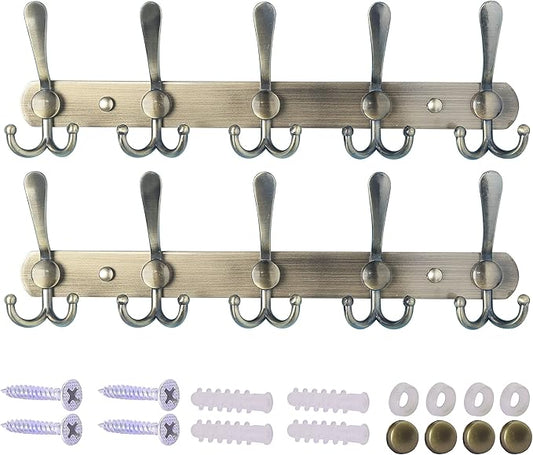 Dseap Wall Mounted Coat Rack - 5 Tri Hooks, Heavy Duty, Stainless Steel, Metal Coat Hook Rail for Coat Hat Towel Purse Robes Mudroom Bathroom Entryway (Bronze, 2 Packs)-NeatNest