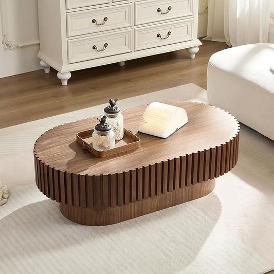 kevinplus 43.7'' Wood Coffee Table Modern Coffee Table for Living Room, Contemporary Circle Fluted Drum Pedestal Style, Easy Assembly, Walnut