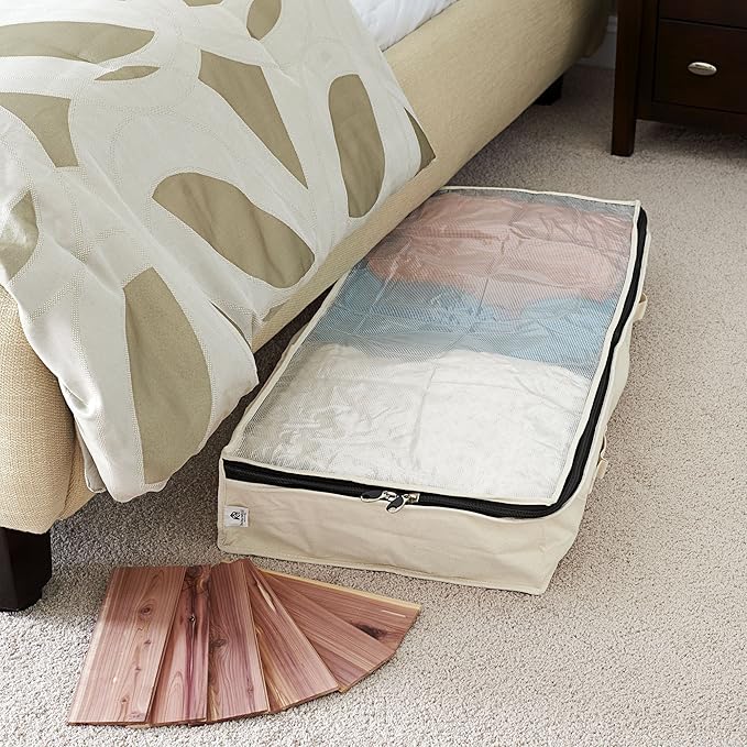 Household Essentials Cedarline Under Bed Storage Bag, Heavy-Duty Cotton Canvas, Textured PEVA Top with Durable 3-Sided Zipper, Front Handles, Foldable, Space-Saving, Natural-NeatNest
