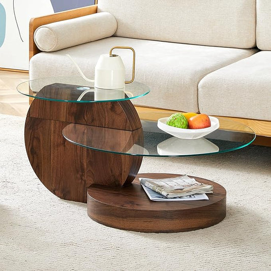 Glass Coffee Tables for Living Room Round Coffee Tables Modern 3 Tier Round Table Circle Coffee Table for Small Space Home Office (35.4 Inch Dark Brown)