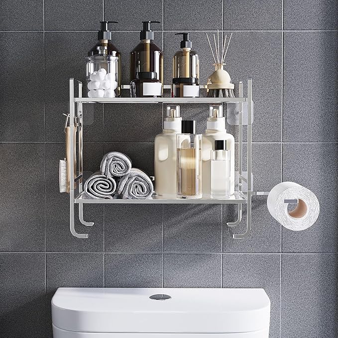 2-Tier Over Toilet Storage Rack, Gold Metal Bathroom Organizer Shelf, Toilet Tank Topper with Side Hooks (Black, 2L)-NeatNest
