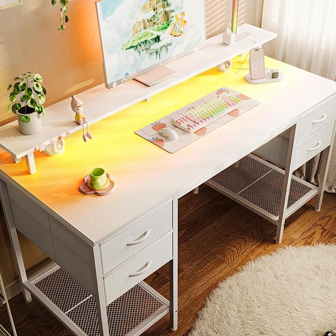 Huuger 55 inch Computer Desk with 4 Drawers, Gaming Desk with LED Lights & Power Outlets, Home Office Desk with Large Storage Space for Bedroom, Work from Home, White-NeatNest