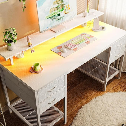 Huuger 55 inch Computer Desk with 4 Drawers, Gaming Desk with LED Lights & Power Outlets, Home Office Desk with Large Storage Space for Bedroom, Work from Home, White-NeatNest
