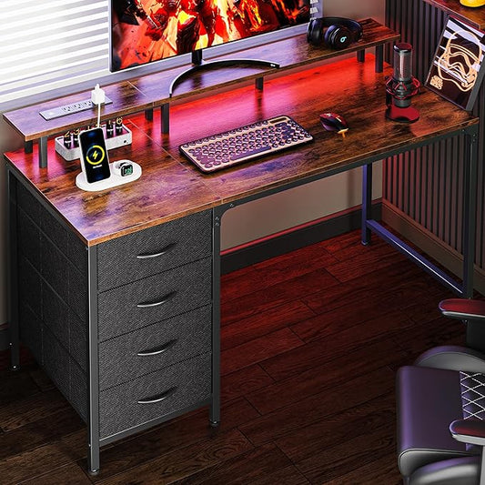 Huuger 47 Inch Computer Desk with Power Outlets and LED Lights, Gaming Desk with 4 Drawers, Office Desk with Monitor Stand, Study Work for Home Office, Small Spaces, Rustic Brown-NeatNest