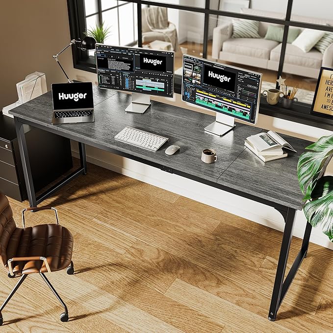 Huuger Computer Desk, 70 Inch Office Desk, Gaming Desk with Storage, Writing Desk Work Desk for Home Office, Study, Long Simple Desk, Large Legroom, Metal Frame, Grey-NeatNest