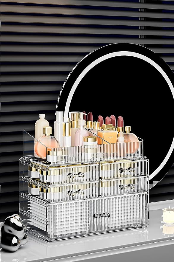 ZHIAI Stackable Organizer, Acrylic Cosmetic Organizer for Dresser, Vanity, Kitchen Cabinet, Bathroom, Under Sink, Home Organization and Storage (1 Top 5 Drawers)-NeatNest