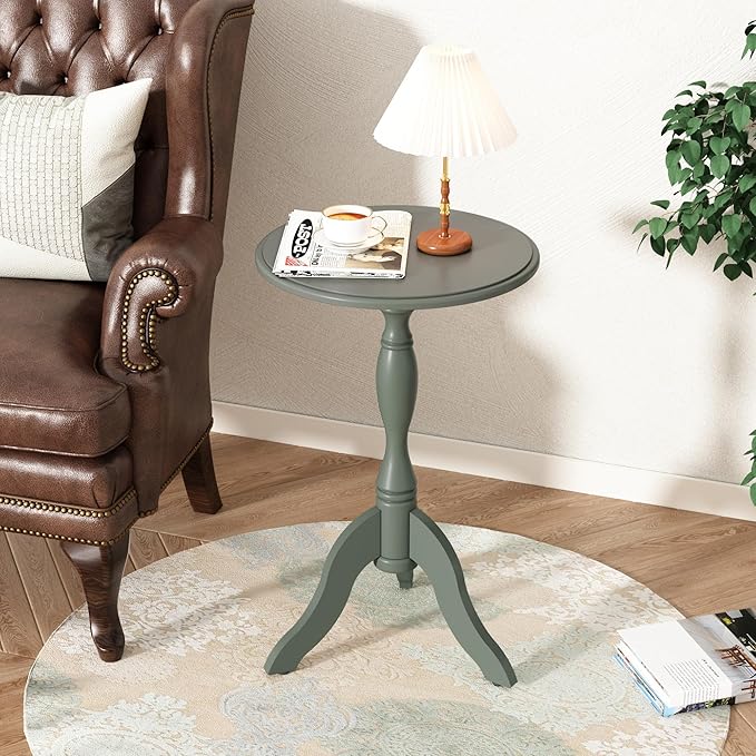 HLR Round Small End Table, Wooden Pedestal Side Coffee Tables, Vintage Accent Nightstand for Living Room, Bedroom, Entryway (2, Green)