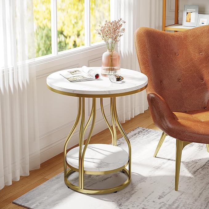 Tribesigns Round Side End Table 2-Tier End Tables Modern Bedside Table Small Chirside Tables with Storage for Couch Side, Nightstand with Metal Frame for Living Room (2, White+Gold)